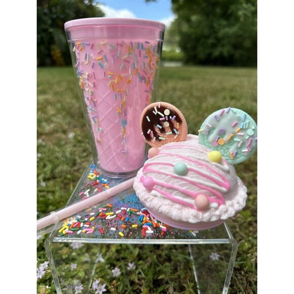 Pink 3D Cookie Ice Cream Sprinkle Cup 16oz Cold Beverage w/ Straw & Lid Tumbler - Picture 6 of 7